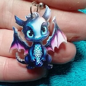 Cute colorful pink purple blue baby dragon wire dangle earrings